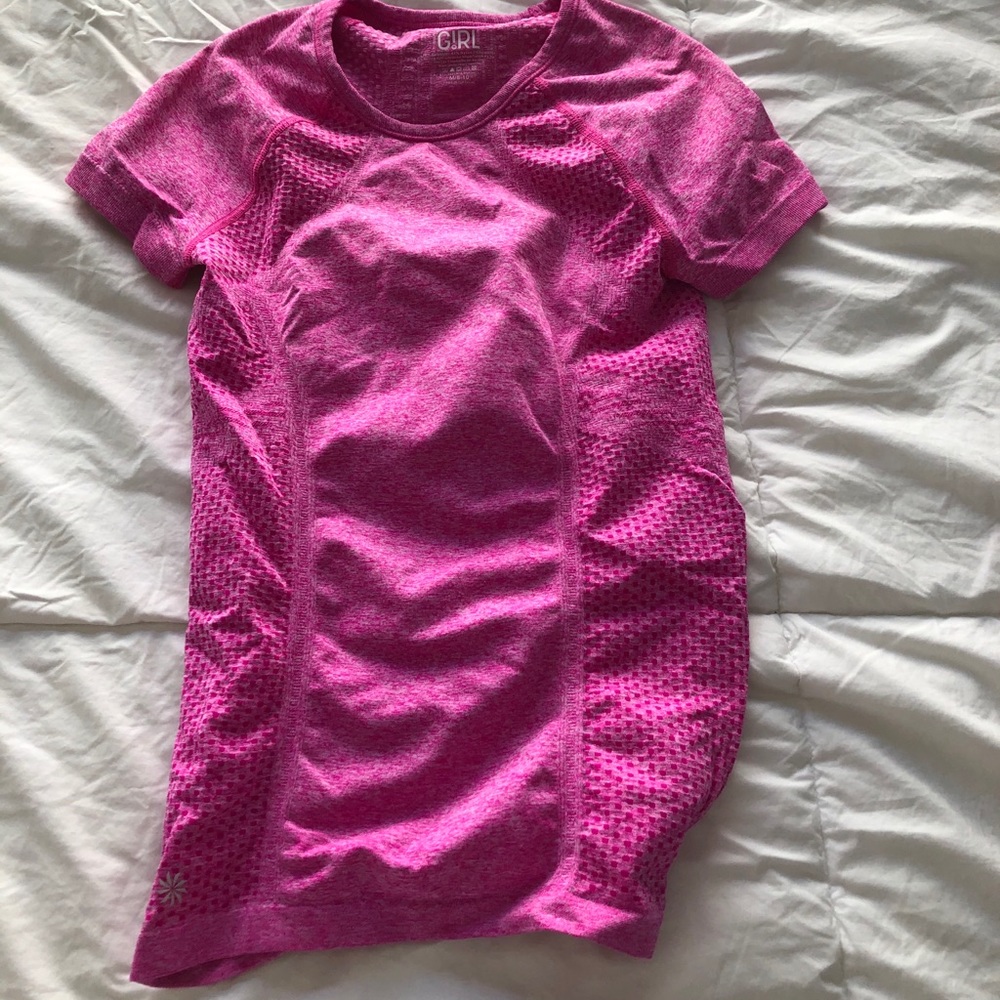 pink athleta short-sleeve shirt